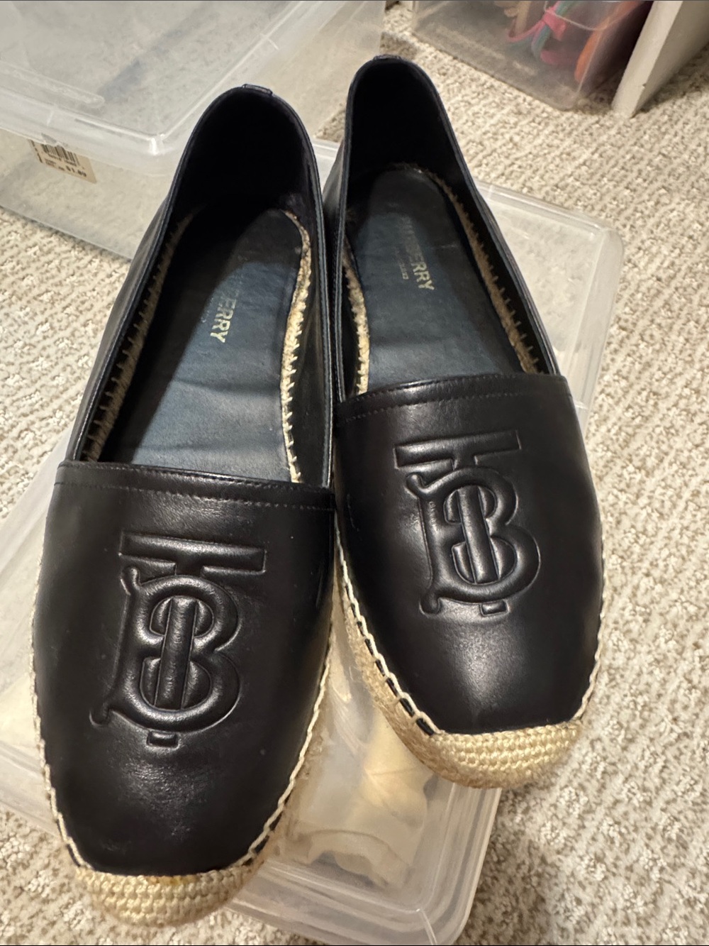 Burberry Black Leather Espadrille Slip-Ons with TB Monogram